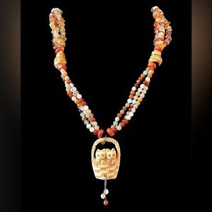 Vintage Sterling Silver Carved Bovine Bone Cat Agate Gemstone Bead Necklace 30”